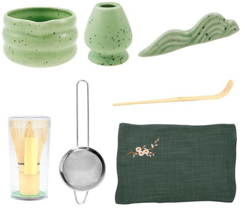 Juego de 7 unidades de whisk Matcha, elegantes juegos de té MatchaTee con batidor, cuenco, soporte para batir, pala, colador, herramientas versátiles para preparar té para presentar y regalar (verde)