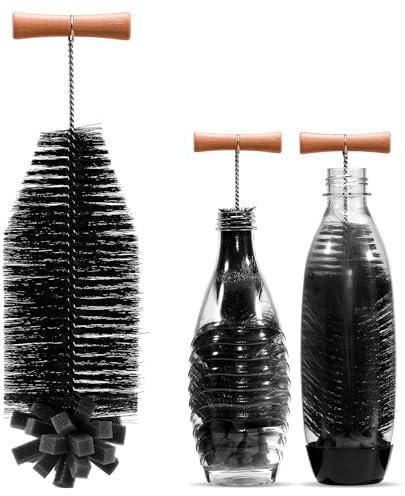 vinlley Die 35 cm Bürste ist ideal für Sodastream-Glas- und Duo-Kunststoffflaschen. Sie hat Harte Borsten und einen weichen Schwamm, reinigt kraftvoll, ohne die Flasche zu beschädigen, 1 Pack Schwarz