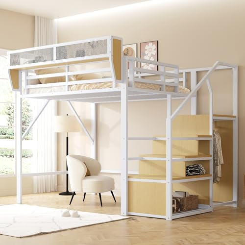 Lcoho Hochbett 140x200 mit Sicherheitsleiter und flexiblem Staufach, Metallbett Erwachsenenbett Kinder-Etagenbett Weiß