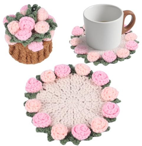 Fnaobai Handgefertigtes Häkel-Untersetzer-Set mit Mini-Korb - Boho-Blumen-Untersetzer für Kaffeetisch, Hochzeitsgeschenk, Einweihungsgeschenk, Geburtstag, Vintage-Rosen-Design (rosa)