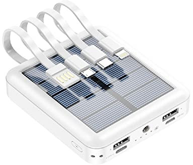 Chargeur Solaire 20000mAh, Batterie Externe Solaire avec Lumière LED, 5V 2A Portable Solar Power Bank avec 4 Câbles pour Smartphones, Tablette, Camping extérieur. (Blanc)
