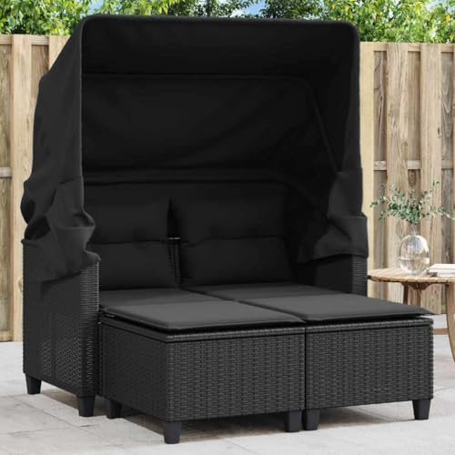 HUAKEHOM Gartensofa 2-Sitzer mit Dach und Hockern Outdoor Sofa Gartenmöbel Garten Lounge Set Terrasse Terrassenmöbel Zweisitzer Schwarz Poly Rattan