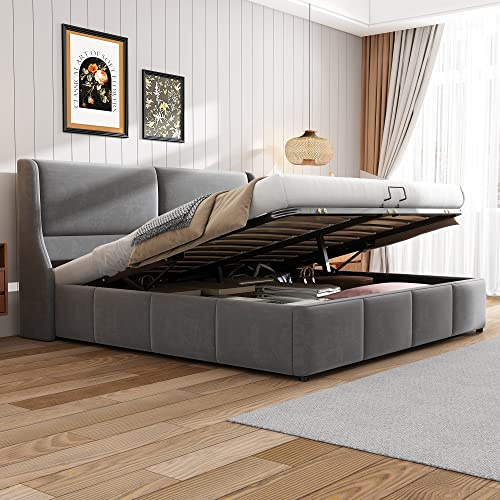 RIAZOS Polsterbett Doppelbett 140x200 cm, Hydraulisches Funktionsbett, Samt | Modernes Bett mit Ohrenform Kissenkopfteil, Stauraumbett, Bettkasten, Bettgestell mit Lattenrost, Grau, ohne Matratze