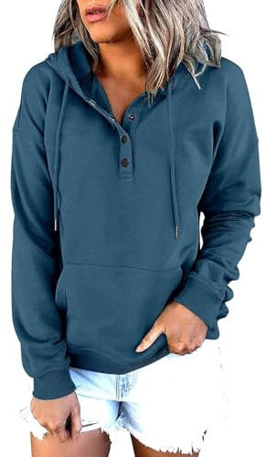 Huvtröja dam huvtröja – sweatshirt dam överdimensionerad bomullströja med knapprad långärmade tröjor enfärgad huvtröja v-ringad sweatjacka casual tröja huva dragsko t-shirts