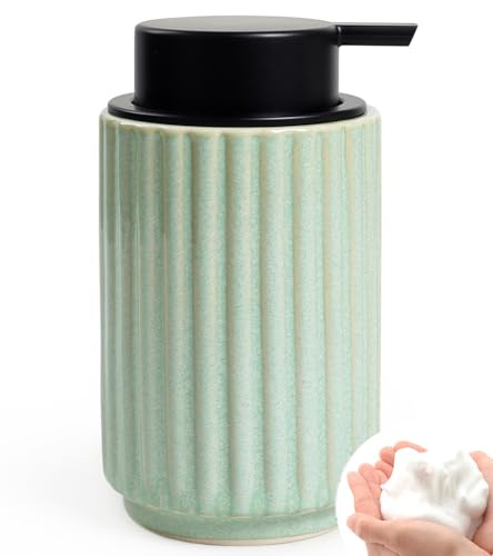 ANTIS'S HOME Foaming Soap Dispenser, 310ml Ceramic Refillable Soap Pump Bottle with Wide Pump, Green Striped Design, Easy Foam Dispensing, Modern Bathroom & Kitchen Décor