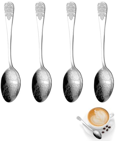 Ouliget Floral Teaspoons Set,Stainless Steel Dessert Spoons with Delicate Engraved Rose Flower Embossed, Mirror Polished Metal Spoon for Home Kitchen or Restaurant,5.5 Inches