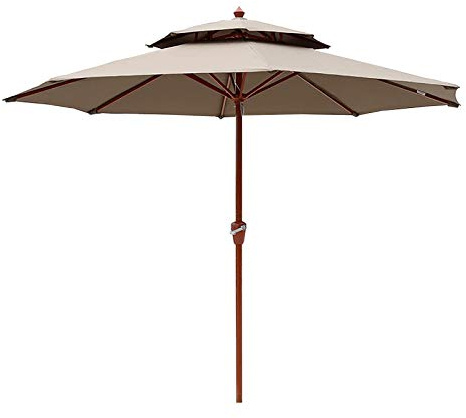 Ombrellone da giardino 2,7 m 2,7 m 2,7 m a 2 livelli con stecche e pali in legno, parasole per la ventilazione esterna, per spiaggia e mercato