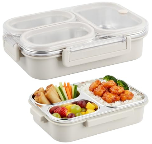 Daelesr Fiambrera Hermetica Acero Inoxidable 1000ml, Bento Lunch Box con 3 Compartimentos, Fiambreras Comida Trabajo, Loncheras para Infantil Adulto Niños Campus, Microondas y Lavavajillas (Beige)