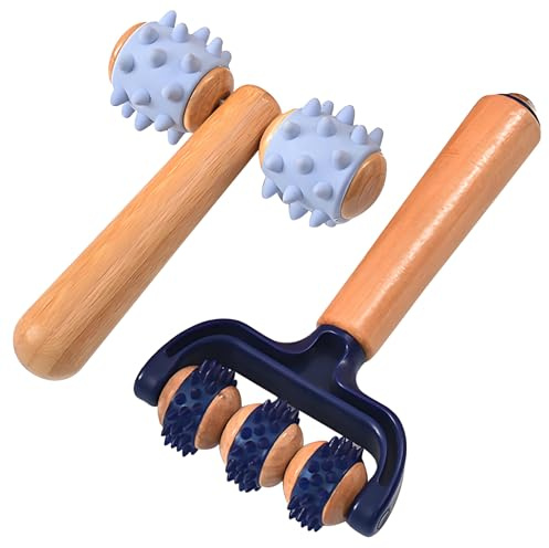 Massageroller mit Griff, 2 Stück Massage Roller Holz mit Igelball Massageball, Massagegerät mit Griff Faszienrolle für Beine Füße Arme Rücken