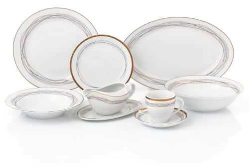 Waterside Gold Swirl Porcelain Dinnerware Set, 35pc | 6 Dinner Plates, Side Plates, Soup Bowls, Cup, Saucers, 2 Salad Bowls and Platter