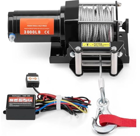 Cabrestante ATV, cabrestante eléctrico de 3000 lb, UTV pequeño 12 V con rodillo cable acero 3/16 in x 39 ft control remoto
