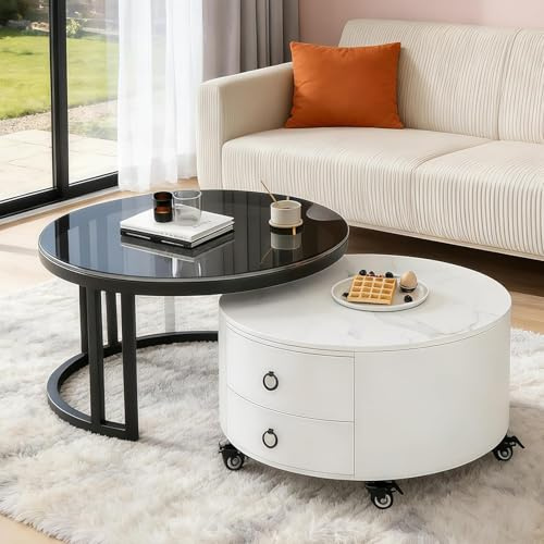 Coffee Tables Set of 2 Nesting Table, 360-°rotation Round Coffee Tables with Storage Drawers Marble Effect CenterTea Table with Metal Frame,End Side table for Small Space/Living Room/Bedroom, white