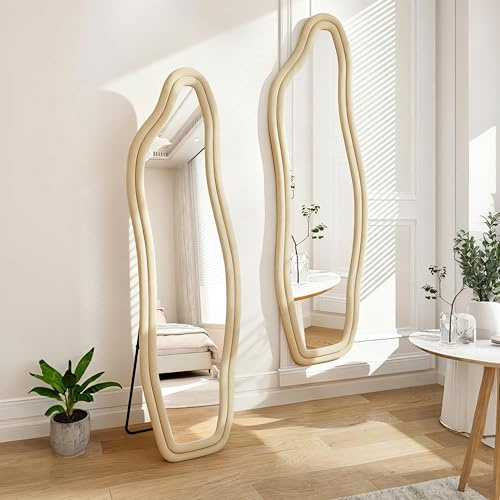 Dormely Miroir sur Pied Irrégulier 160x50cm, Grand Miroir posé au Mural/Suspendu/Appuyé, Miroirs Organique avec revêtement en Velours, pour Dressing, Chambre, Entrée ou Salon, Jaune