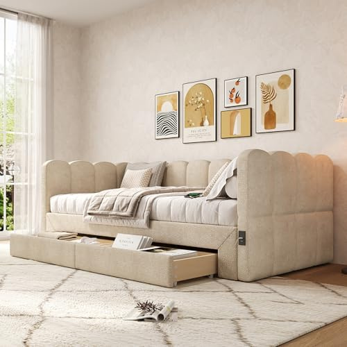 Mrwoo Kinderbett Daybett 90x190 cm mit Ausziehbett, Polsterbett Tagesbett mit USB, Sofabett mit 2 Schubladen Stauraum, Geeignet für Kinder und Jugendliche, Cremefarben (Ohne Matratze)