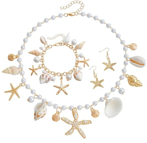 KAFZEL 1 Set di gioielli da sirena, Bracciale conchiglie, Stella marina, conchiglia, perle, Bracciale con perle, Accessori da donna per carnevale e feste in spiaggia