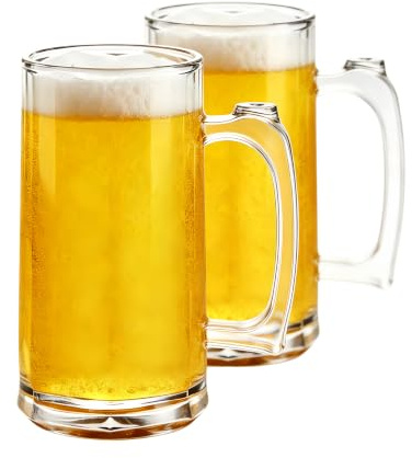 Komost Plastic Pint Stein Set of 2, 550ml Clear Beer Glasses with Handle, Reusable Pint Glasses, Tankard Beer Drinking Glass