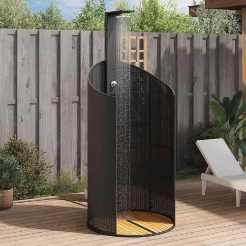 Mangloder - Doccia da giardino nera, 100 x 100 x 241,5 cm, in polyrattan, legno di acacia, acciaio verniciato a polvere, 8 pollici, autoportante, per giardino, esterni, piscina, idromassaggio, estate