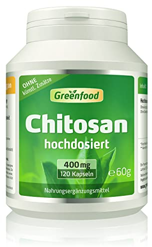 Chitosan, hochdosiert, 400mg - 120 Kapseln. Hoch konzentriertes Chitosan - unterstützt einen normalen Blutfett-Spiegel. OHNE künstliche Zusätze - laborgeprüft. Von Greenfood.