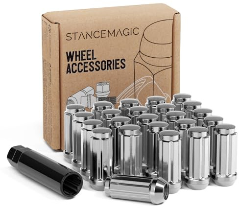 24pcs Silver Spline 14x1.5 Lug Nuts (51mm Length x 22mm Width) Bulge Cone Acorn Taper Seat - Includes 1 Socket Key Compatible with 2018+ Jeep Wrangler JL, Ford Chevy GMC Buick Cadillac