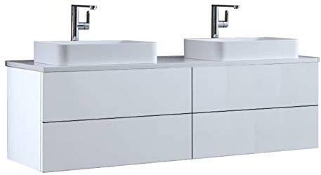 StoneArt Badmöbel Set mit Mineralguss Waschbecken Waschschale Aufsatzwaschbecken und Unterschrank Waschtisch Einzel- oder Doppelwaschbecken Brugge BU-1601pro-5 weiß 160cm