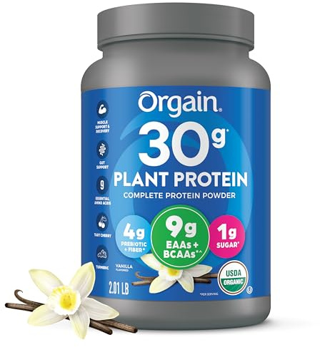 Orgain Organic 30g Vegan Plant Protein Powder, Vanilla, 9g EAAs + BCAAs, High Plant Protein, 4g Prebiotic + Fiber, 1g Sugar, Pre-Workout, Muscle Support + Recovery - 2.01lb (Packaging May Vary)