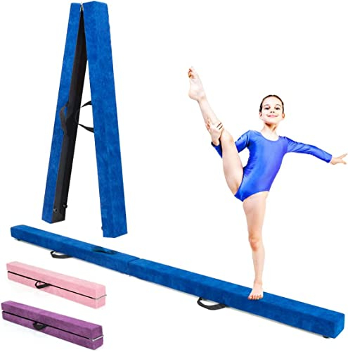 RELAX4LIFE Schwebebalken Kinder 210 cm, Balancierbalken zusammenfaltbar, Balance Beam Klappgymnastik mit Rutschfester Basis, Übungsbalken mit Einbauscharniere & Schaumstoff, Gymnastik zu Hause (Blau)