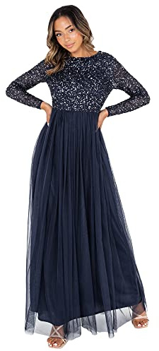 Maya Deluxe Taupe Blush Embellished Long Sleeve Maxi Dress Robe de Demoiselle d'honneur Femme ,bleu marine , 38