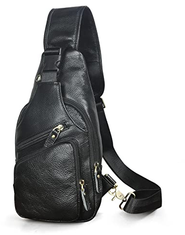 Le'aokuu Mäns äkta läder bröstväska Axelväska Sport Outdoor Messenger Bag Vandringsryggsäckar 8015 (8015 X Czarny)