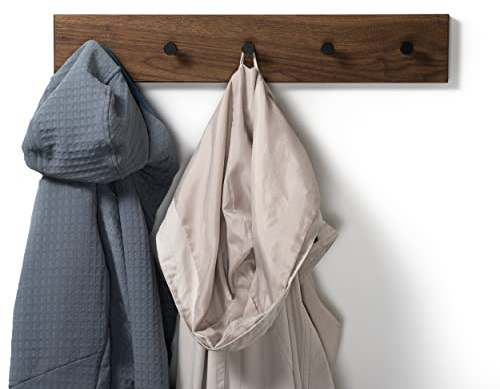 WOODS Hakenleiste Garderobe Holz massiv I Garderobenleiste Handtuchhalter Kleiderständer I moderne Wandgarderobe (40cm (3 Haken), Nussbaum, schwarze Haken)