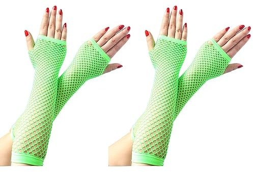 COSFAN 2 Pairs Fishnet Gloves Women Fingerless Long Gloves Elastic Mesh Glove 1920s Hollow Gloves for Evening Party Halloween (Grass green)
