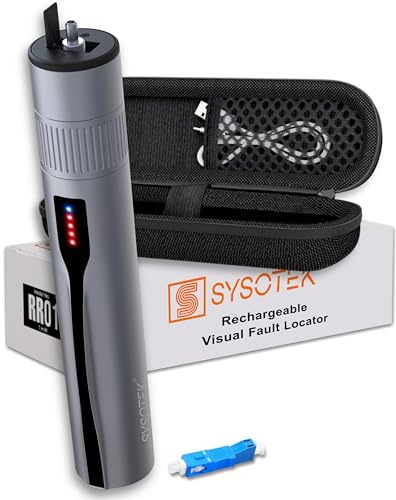 Sysotek Visual Fault Locator - Rechargeable Red Light VFL Fiber Optic Tool kit - Retractable Head fits SC FC ST - Optical Laser Light Pen Network Cable Fiber Tester with Protective Case and LC Adapter