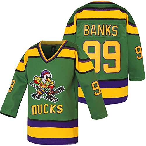 Youth Mighty Ducks Jersey Charlie Conway #96 Adam Banks #99 Movie Ice Hockey Jersey for Kids (X-Large, 99-Green)