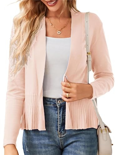 GRACE KARIN Damen Open Front Strickjacke Herbst für Mädchen Lange Ärmel Leicht Bolero Gestrickt Schlank Tunika Elegant Warmes Top L Hell-Pink