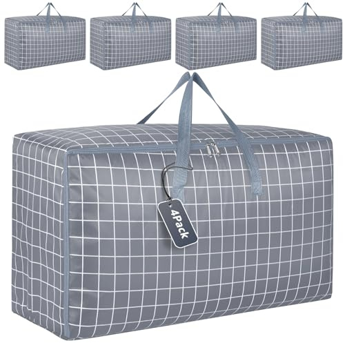 wsryx 4 Pack Extra Große Aufbewahrungsbox mit Deckel für Umzug, Kleiderschrank, Schwerlast Wäsche, Aufbewahrungsbeutel mit Reißverschlüssen für Kleidung, Starke Organizer Verpackungsboxen (Grau)