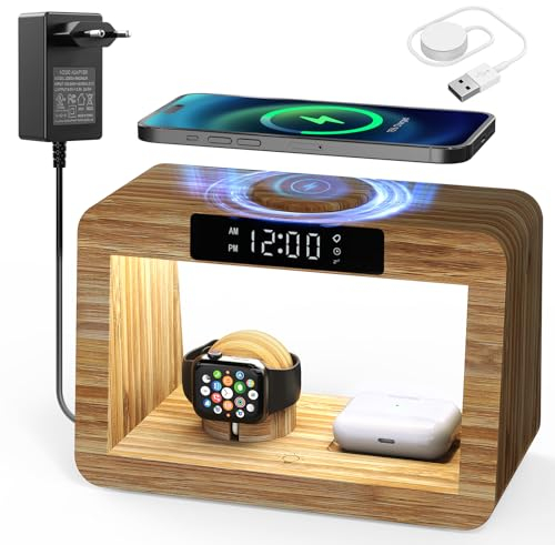Station de Charge sans Fil avec réveil numérique et veilleuse, Chargeur Rapide sans Fil 5 en 1 avec Adaptateur et câble, Chargeur sans Fil pour iPhone, AirPods Pro, Apple Watch