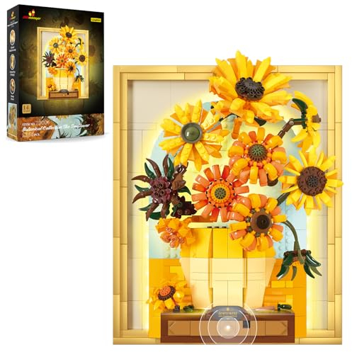 JMBricklayer Art Sonnenblume Gemälderahmen Bausteine für Erwachsene mit Lichtern 70004, Wandbehang oder Freistehend, Van Gogh-Wandkunst, Blumen Raumdekor, Geschenke für Frauen und Mädchen