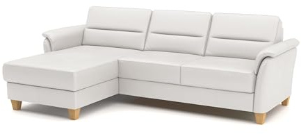 CAVADORE Leder-Eckcouch Palera mit Longchair / Landhaus-Sofa mit Federkern + massiven Holzfüßen / 244 x 89 x 163 / Leder Weiß