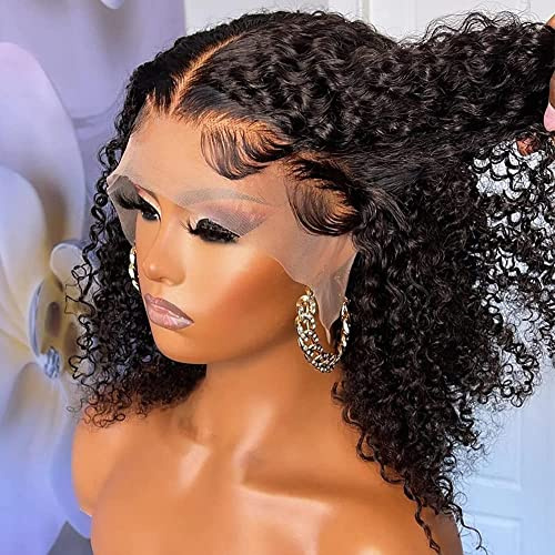 Curly Bob Perücke Echthaar 14 Zoll Kleberlos 13x4 Lace Front Perücken Vorgezupft für Frauen 150% Dichte Mongolisch HD Kinky Curly Bob Lace Frontal Wigs