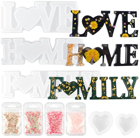 jwogngls Set di 9 stampi in resina epossidica, in resina colata in silicone 3D Love Home Family Live, set con 2 cuori e paillettes in 4 forme per artigianato fai da te, regalo per feste
