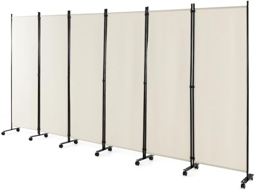LIFEZEAL Biombo Plegable de 6 Paneles para Interior y Exterior, Divisor de Pie con 14 Ruedas, Pared Tabique, Estructura Metálica, Protección de la Intimidad, Separador de Espacios (Beige)