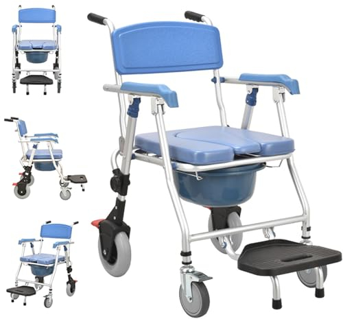 Chaise Percée Adulte à roulettes, Chaise de Douche de Toilette Multifonction avec Coussin Moelleux et Urinoir, Siège de Douche Pliable pour Seniors Ne Dépassant Pas 150kg