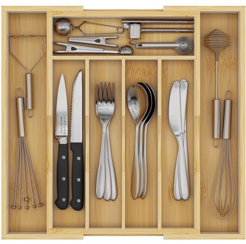 Youpehom Organizador de utensilios de bambú para cajones de cocina, bandeja de utensilios expandible y soporte para cubiertos, separadores de cajones de madera con 7 ranuras ajustables