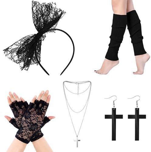 FUIPVGI 5 Stück Damen-80er-Jahre-Accessoires, Kostümzubehör, 80er-Jahre-Vintage-Accessoires, Damen-Spitzen-Stirnband-Ohrringe, Netzhandschuhe, 80er-Jahre-Retro-Party für Party-Karneval (Schwarz)