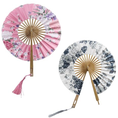 GZGXKJ 2pcs Abanicos Japoneses Redondos Plegables de Tela de Seda y Bambú para Bailar, Mujeres, Bodas, Fiestas y Decoración