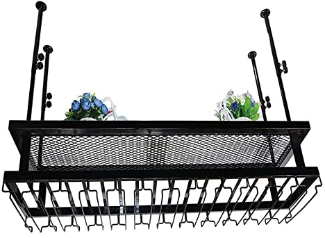 Portabottiglie, Altezza regolabile a soffitto, Appendiabiti per calici da vino, Portabottiglie vintage nero, Calici per calici porta vino rustici, Mensola decorativa per bar domestici (120 cm)