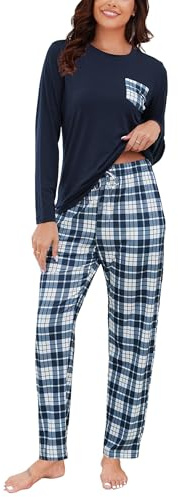 Reliwel Pyjama Femme Hiver Long Ensembles de Pyjama Femme Coton Col Ronde à Manches Longues et Pantalon Carreaux Vêtements de Nuit Chaud d'Intérieur 2 Pièces Confortable Doux Respirant