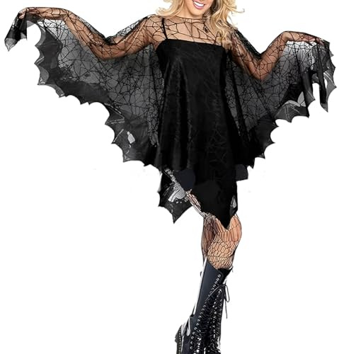 XINCHI Halloween Umhang Damen Mädchen Spitze Poncho Schwarz Übergröße Spinnennetz Kostüm Halloween Karneval Kostümparty Halloween Kostüme Fledermaus Zubehör