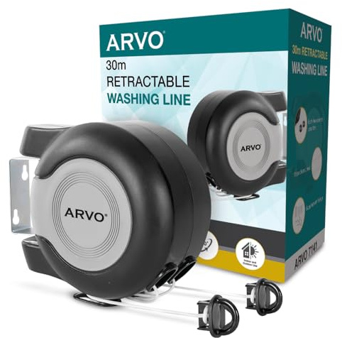 ARVO Wall Mounted Double Retractable Washing Line - 30m Clothes Line - Value Range Extendable Laundry Drying Line - 2 x 15m Cables for Indoor & Outdoor Use