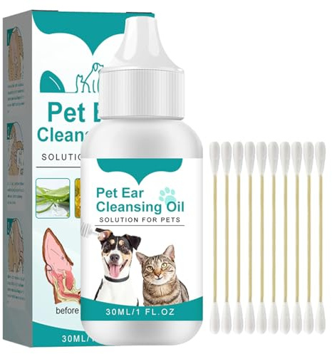 JJHXM 30ml Pulizia Orecchie Cane Naturale,Pulizia Orecchie Gatto per Cani e Gatti per Cura delle Orecchie,Rimuovere Earwax,con tamponi di Cotone,per l'uso Quotidiano