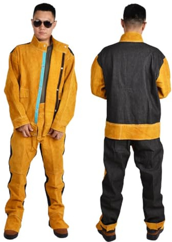 BIRJXVTO Overalls Rindsleder Schweißanzug Denim Atmungsaktive Schweißer Schutzanzug,Gelb,XL